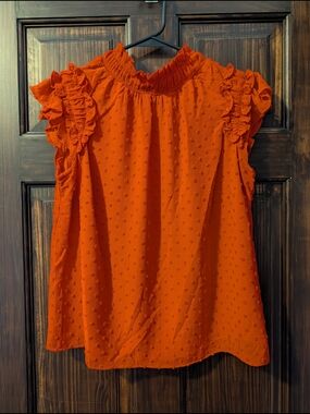 CeCe Red Ruffled Swiss Dot Sleeveless Blouse